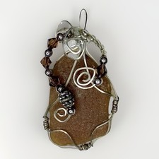 Handmade Wire Wrapped Amber Sea Glass Necklace Pendant Silver Beaded Statement