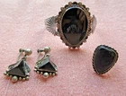 VTG Mexico Sterling Silver and Black Onyx Cuff Bracelet Set Earrings and Ring