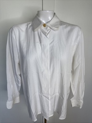 MONDI White Long Sleeve Full Button Blouse Triple Layer Collar Gold Button Cuffs