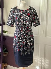 Boden Midi Dress Pencil Fitted Navy White Red Floral Size 12L Long 
