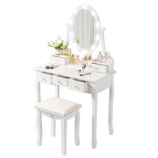 Vanity Table 10 LED Lights, 5 Drawers Makeup Dressing Desk with Cushioned Sto...
