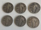 6 Silver Standing Liberty Quarters. Assorted dates. circulated. 1920-1930
