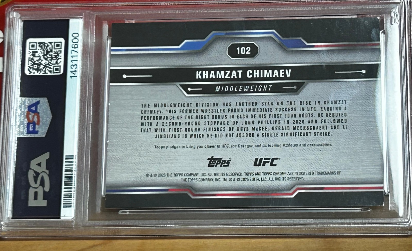 2025 Topps Chrome UFC - Khamzat Chimaev #102 Red Refractor 3/5 view 2