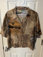 Vintage Sea Suns Safari Print Button Up Shirt Zebras Elephants Made in USA M/L