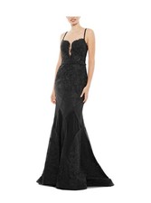 New Mac Duggal Black Lace Embroidered Sleeveless Plunge Neck Trumpet Gown 10