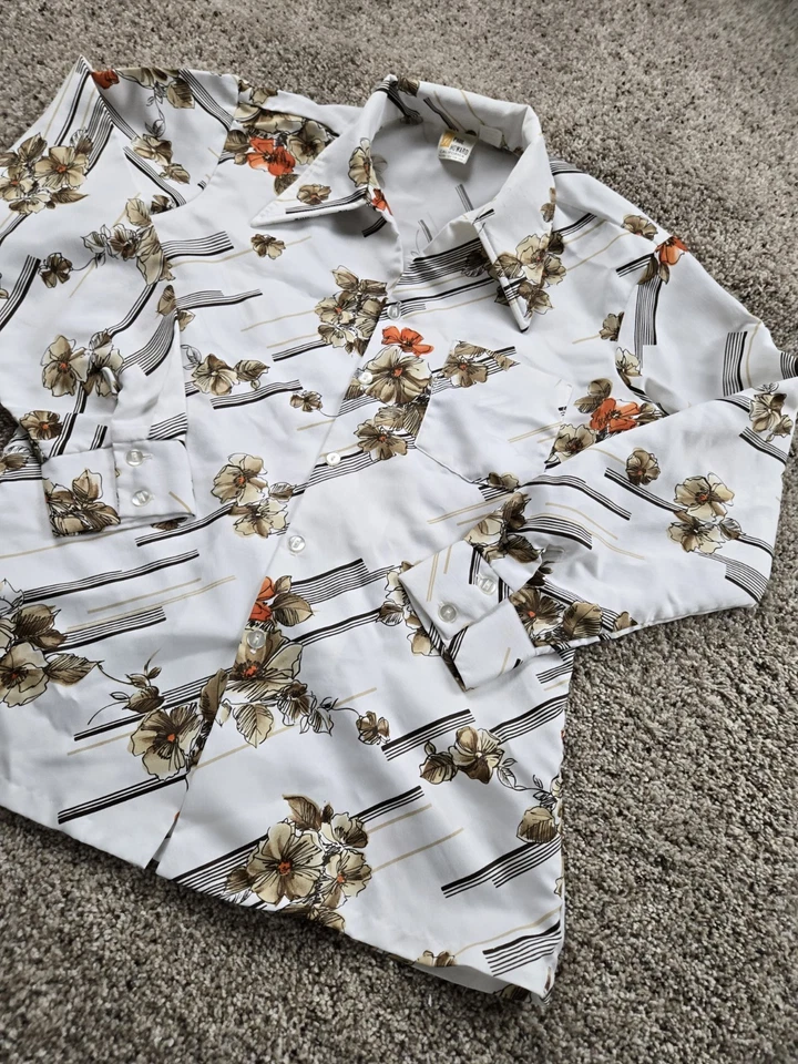 Vintage Paul Howard Shirt Mens Medium White Floral Print Disco 70s Button Up - Image 2 of 4