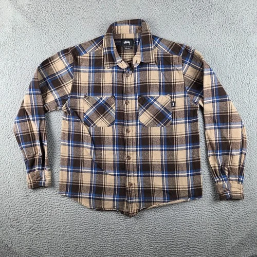 Stussy Flannel Shirt Mens L Tan Blue Plaid Long Sleeve Button Up Streetwear - product listing photo