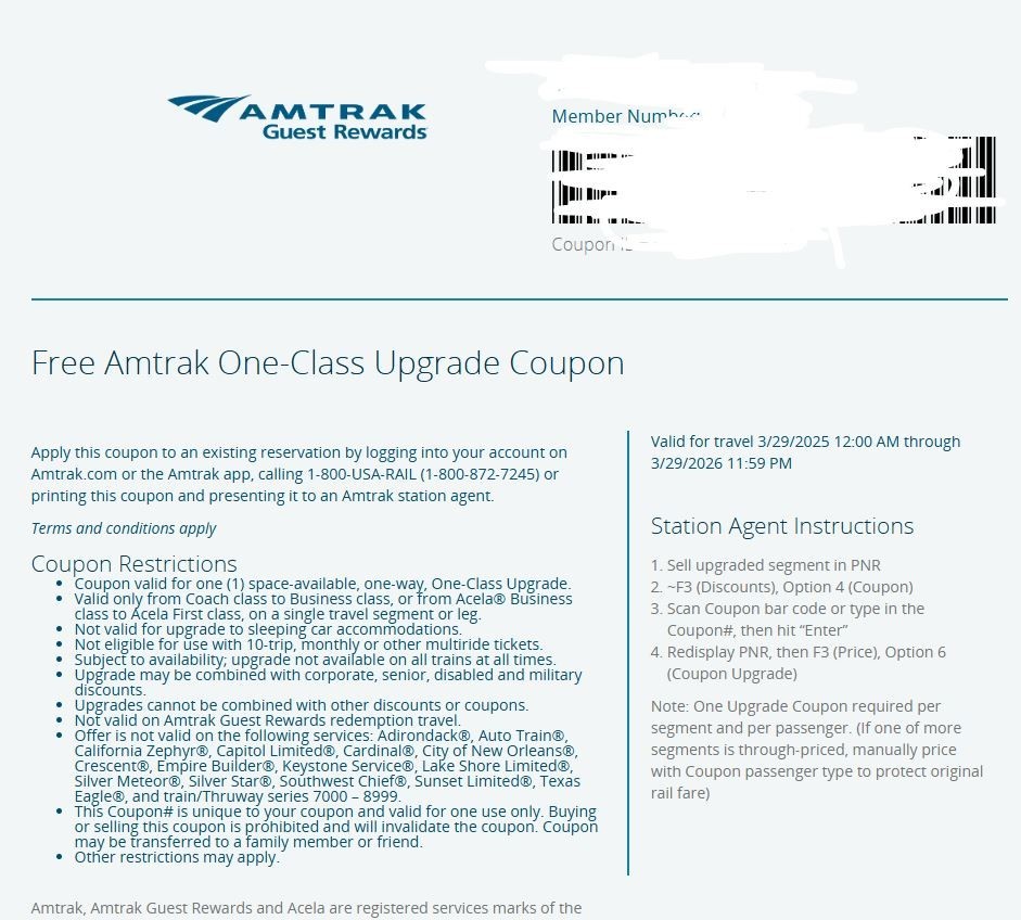 Amtrak One Class Upgrade Coupon 12 Hour Expires 03/29/26 Digitial Delivery