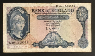 Banknote Of England Five Pounds. LK Obrien. Lion And Key. D30. Circulated Cond.