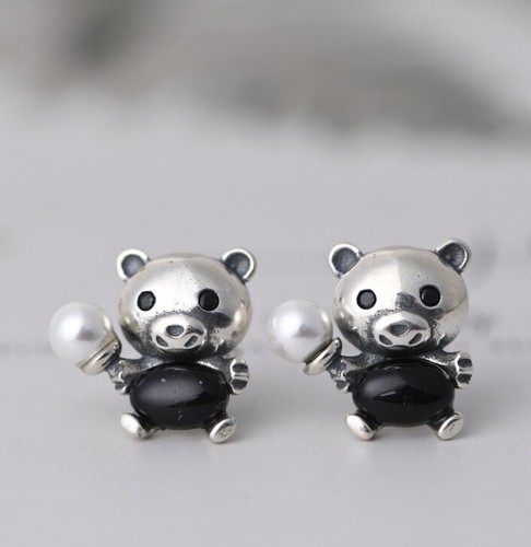 I05 Orecchini Orso Orsacchiotto Con Bianca Perla E Nero Agata - Foto 4
