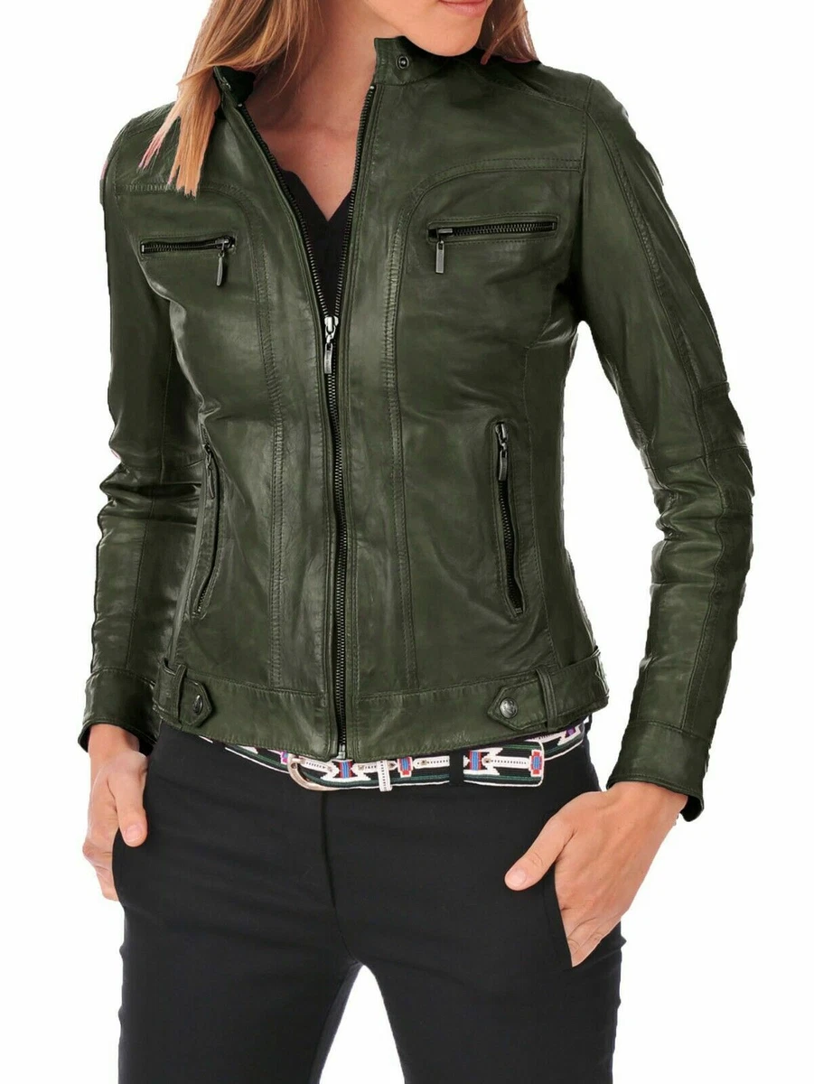 Women's Olive Green Biker Leather Jacket