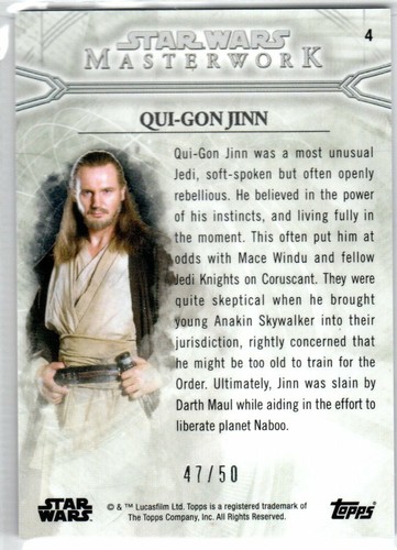 STAR WARS 2018 TOPPS MASTERWORK PURPLE PARALLEL BASE 4 QUI-GON JINN 47/50 - Picture 2 of 2