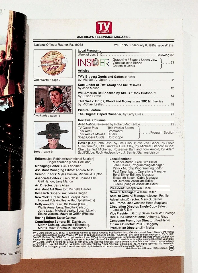 1990 January 6 TV Guide Magazine Atlanta Edition Rock Hudson Kate Linder Zorro Foto 2 de 4