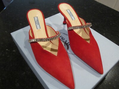PRADA RED SUEDE KITTEN HEEL MULE SHOES SIZE 8 1/2 B - 2