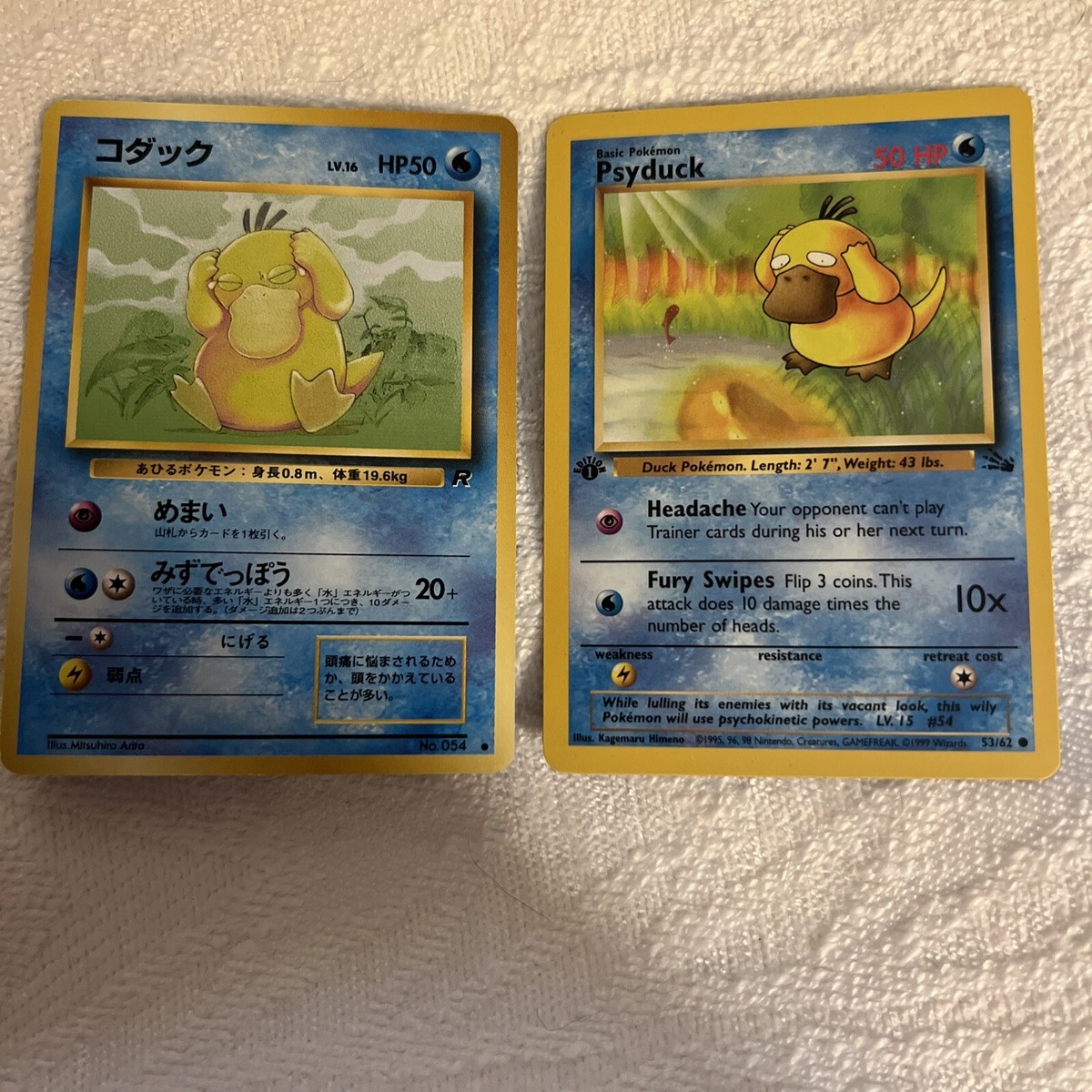 Set Of 2 Psyduck Pokemon Cards, 1 Japanese Team Rocket, 1