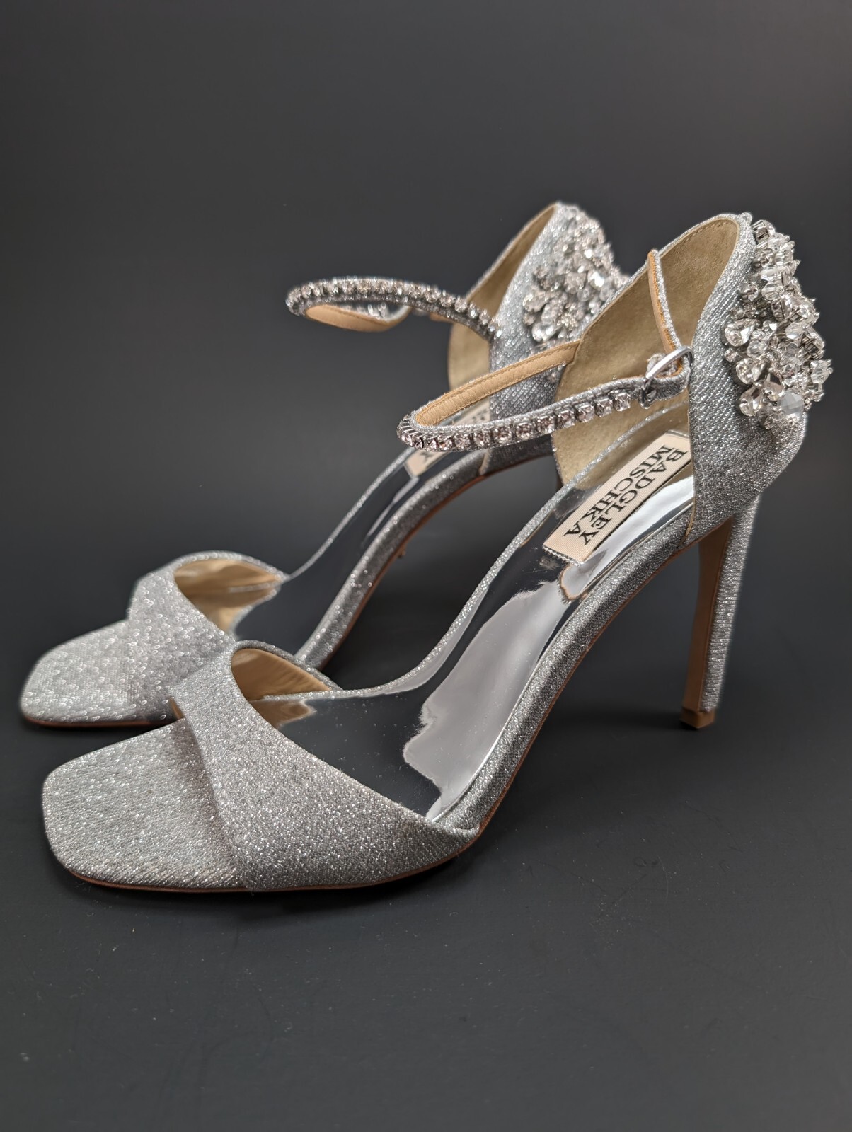 Badgley Mischka Ankle Strap Embellished Silver Bridal Heel Sandals