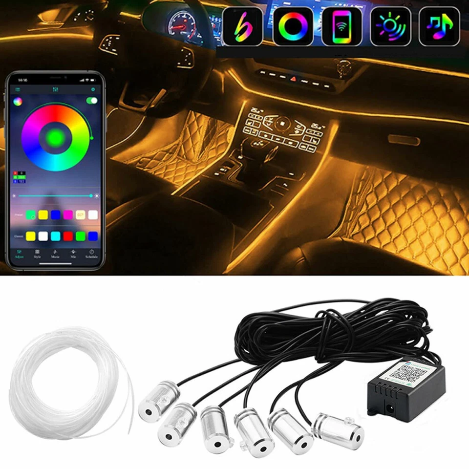 Kit de luz atmosférica lámpara tira de alambre de neón fibra óptica interior coche 8M LED RGB Foto 2 de 4