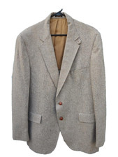 Rhapsody Men Sport Coat Beige 42R Wool Blazer Made in USA Two Leather Button