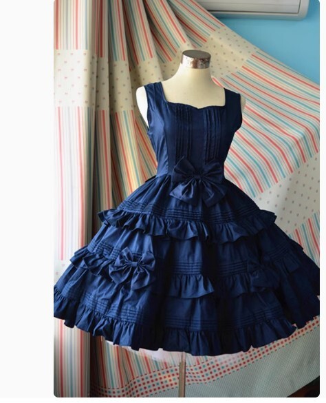 Cosplay Dark Blue Lolita Gothic Dress Tiered Layers custom-made