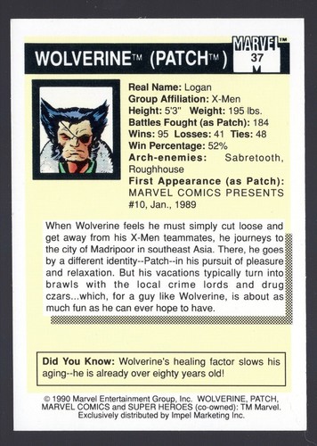 1990 Impel Marvel Comics Series I WOLVERINE (PATCH) #37 - Picture 2 of 2