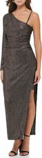 NWT GUESS ONE SLEEVE HIGH SLIT BRONZE STRIPED FOIL KNIT DRESS SZ 8