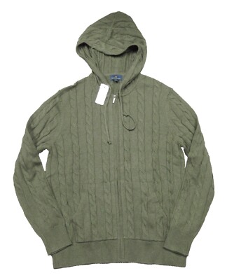 Brooks Brothers Men's Green Cable Knit Cotton Full Zip Hooded