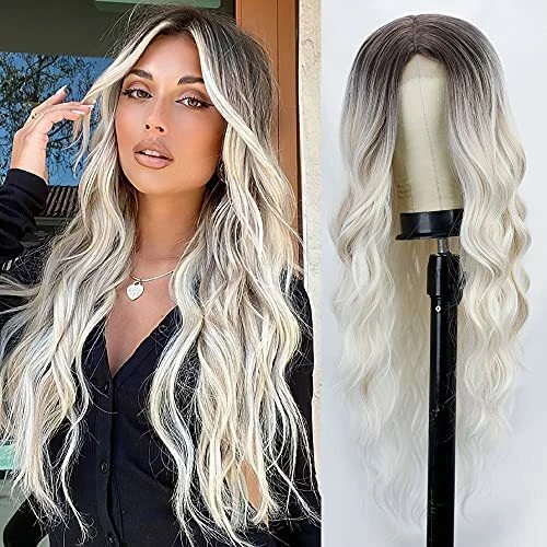 Lativ Long Wavy Wig Ombre Platinum Blonde Wigs for Women Middle Part Curly  Sy