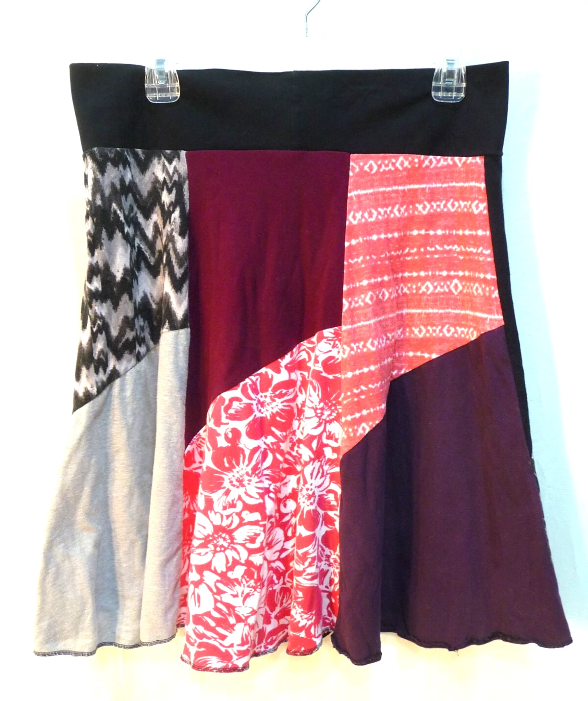 Women's SKIRT y below knee cotton knit patchwork flared comfy stretchy SZ Large