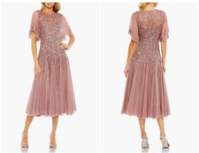 MAC DUGGAL 93655 SEQUIN & CRYSTAL RUFFLE SLEEVE ROSEWOOD MIDI GOWN 10