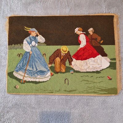 Vtg Needlepoint Ladies Man Playing Croquet Victorian 12x16 Handmade Finished