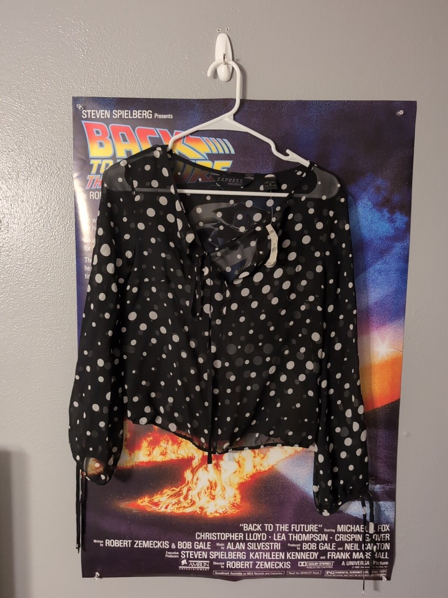 Express 100% Silk Polka Dot Sheer Blouse Black White Strap Top