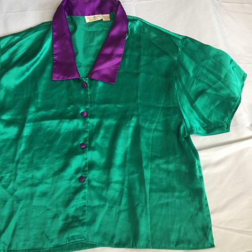 VINTAGE VICTORIAS SECRET PIGIAMA TOP DONNA L VERDE RASO MANICA CORTA CON BOTTONI - Foto 7 di 17