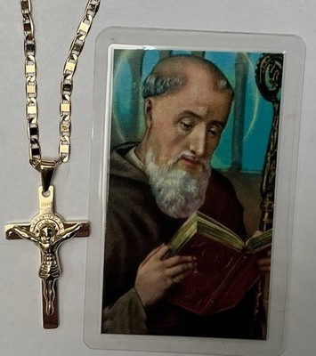 14K Gold Plated Crucifix And Chain 22   St Benedict Laser Cut Design San Benito