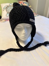 Columbia Knit Earflap Beanie Hat Unisex Black Pom Pom Fleece Lined One Size