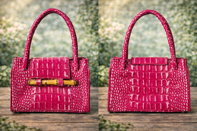 Paola Lungo Firenze Pink Croc Embossed Handbag Bamboo Bar Accent Leather New