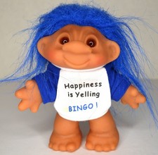 1986 THOMAS DAM LUCKY BINGO TROLL 5" DOLL BLUE HAIR HAPPINESS IS YELLING SHIRT