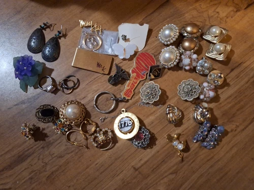 Vintage Costume Jewelry Lot Clip On & Post Earrings Keychains Brooches