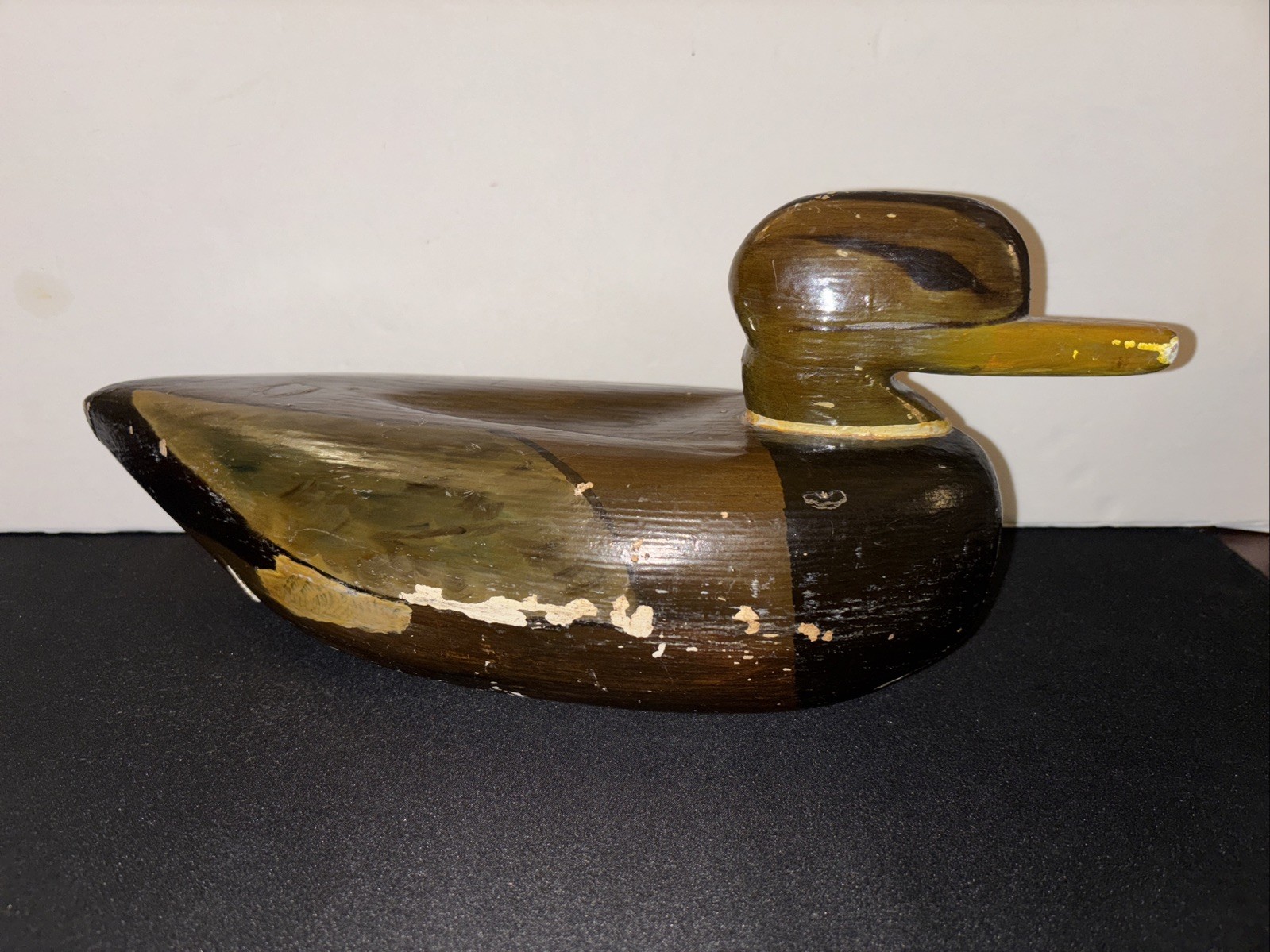 VINTAGE HAND CARVED AND PAINTED Brown HEADED WOODEN DUCK DECOY MARKED MICHAEL?