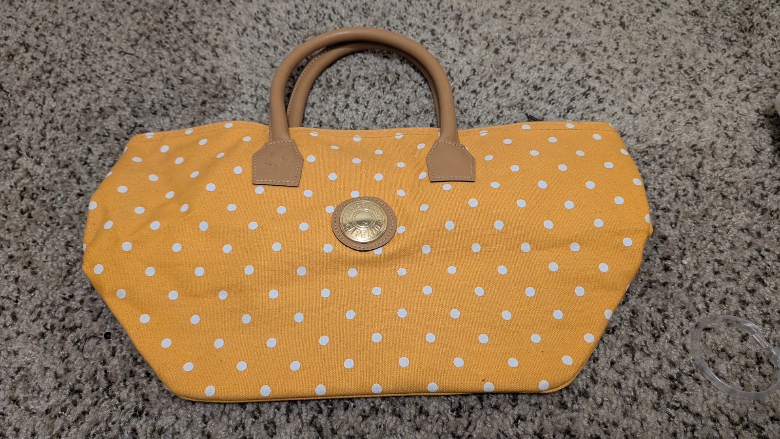 Yellow/White Polka Dot Tote Zip Closure Tan Double Handles, Strap, Pockets