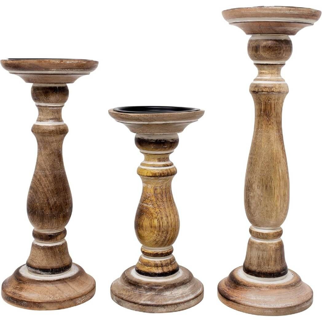 Boston Warehouse Natural Wood Pillar Candle Holder, 3 Piece 