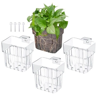 GOSKNOR 4pcs Aquarium Plant Holders, Transparent Plastic Fish Tank Plant Pots Hanging...