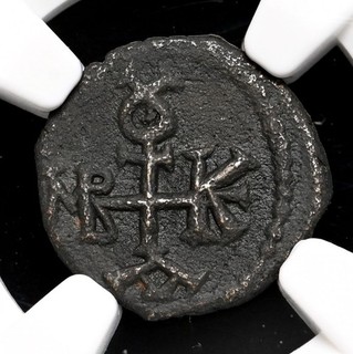 BYZANTINE. Maurice Tiberius. AD 582 602. Æ Pentanummium Monogram NGC XF