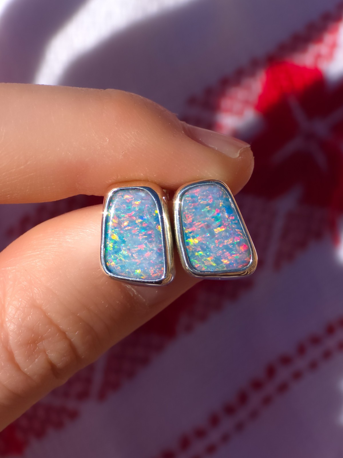 Australian Opal Stud Earrings, Rainbow Opal, Coober Pedy Opal Earrings image 2