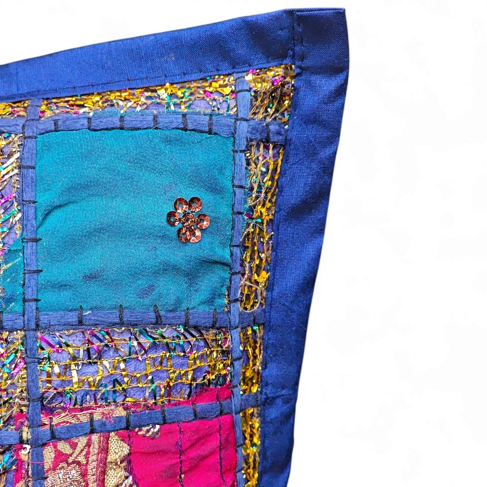 Handmade Indian Patchwork Decorative Cushion Cover - 16"x16" Boho Throw Pillow - Image 3 of 4