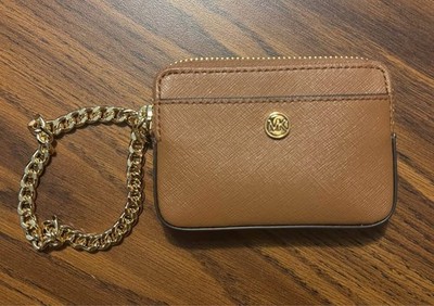 Michael Kors Jet Set Saffiano Leather Zip Coin Purse Wristlet Wallet Luggage Tan