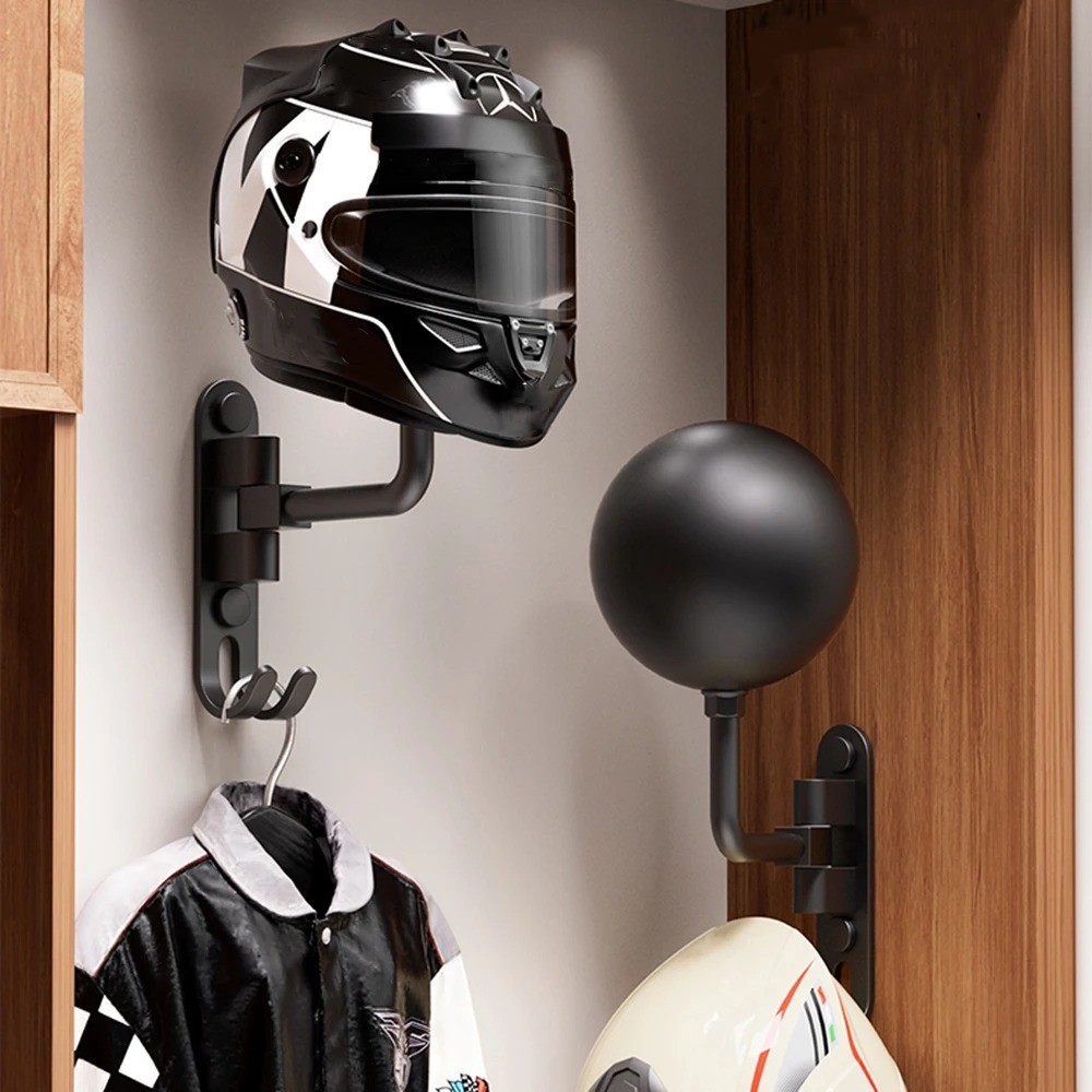 Soporte de pared giratorio 180° para casco de motocicleta con 2 ganchos