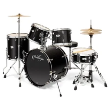 OPEN BOX - 5pc Black Complete Full Adult Drum Set - Remo Heads, Brass Cymbals