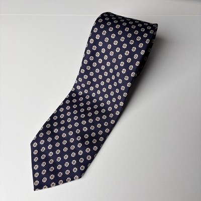 Vintage Robert Talbott San Marino Navy Medallion Silk Tie Hand Sewn England Flaw