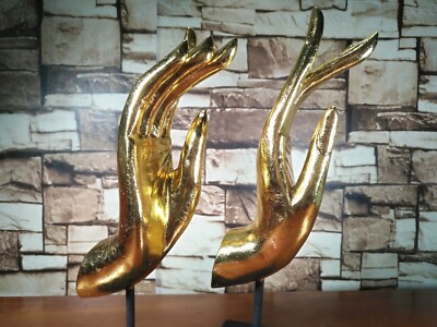 2 Stk. VINTAGE HOLZ HAND GOLD KUNST GESCHNITZT BUDDHA STÄNDER SKULPTUR PAAR W...