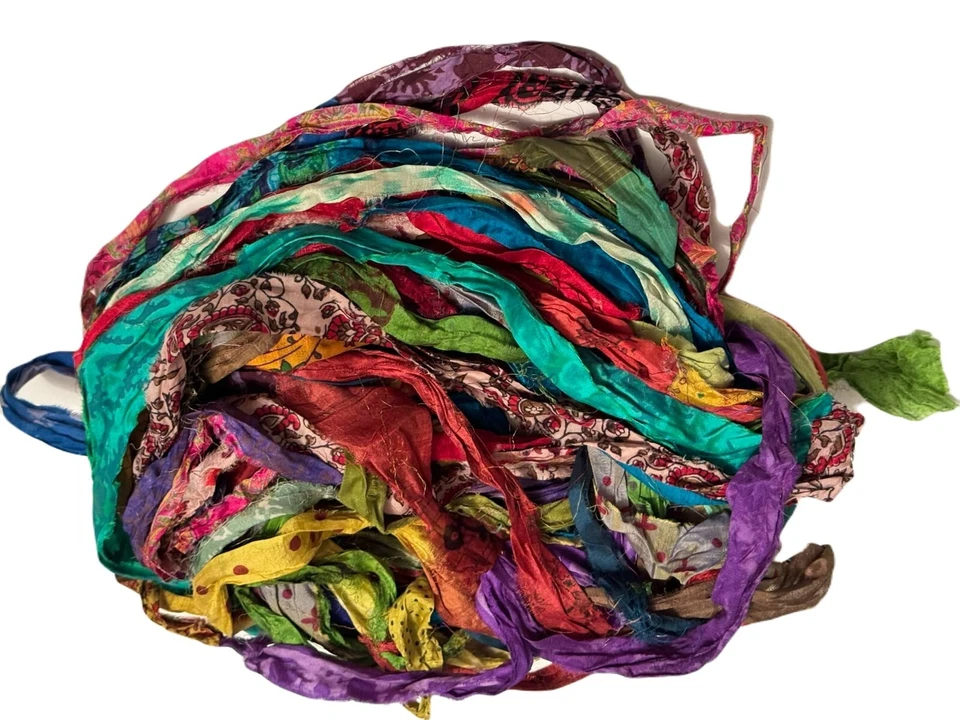 10 yards Recycled Sari Silk Ribbon Yarn Multi Print multi - Image 2 of 3